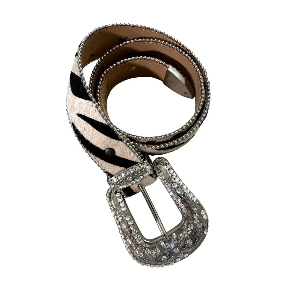 B.B. Simon Crystal Embellished Zebra print Pony Hair Western Belt